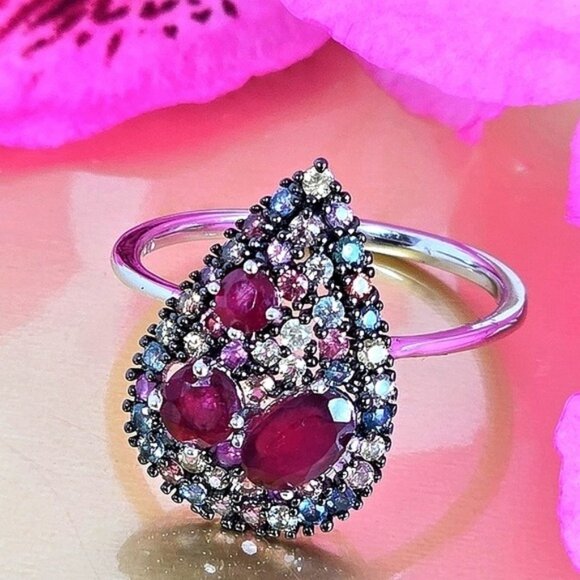 925 Sterling Silver Ring with Natural Ruby & Sapphire Gemstone - Picture 1 of 10